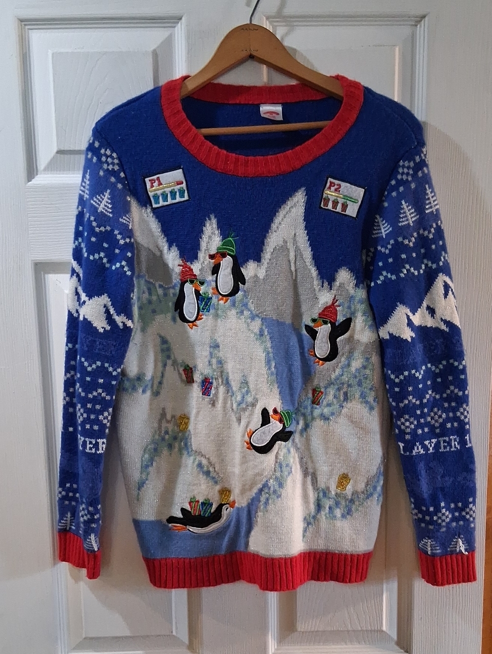 Holiday Time Blue Penguin Crewneck Sweater with Red Trim